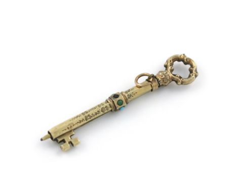 A Victorian novelty gold pencil, unmarked, modelled as a key, set with turquoise stones, and with a ring attachment, length 4