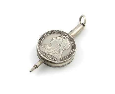 A Victorian novelty pencil, by S. Mordan and Co. modelled as two joined shillings, with a ring attachment, diameter 2.2cm. Pr