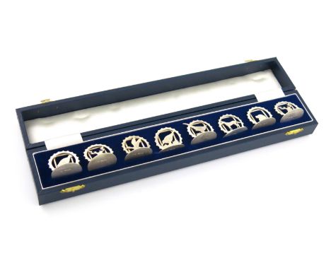 A set of eight modern silver menu card holders, by J.A. Campbell, London 1986, modelled as various game birds, a horse, stag 