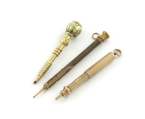 A Victorian 10-carat gold pencil, by S. Mordan and Co, also marked with the arrow mark, engine-turned cylindrical form, with 