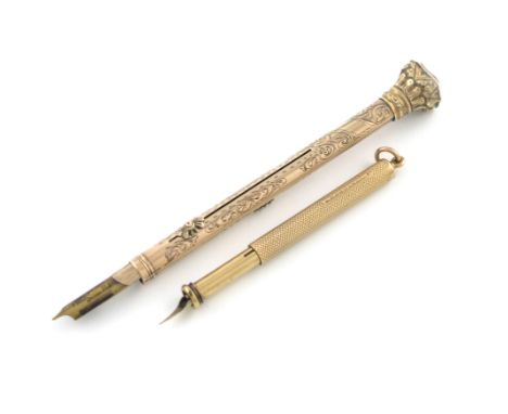 A Victorian gold combination pen and pencil, by S. Mordan and Co., engine-turned decoration with a ring attachment, length cl