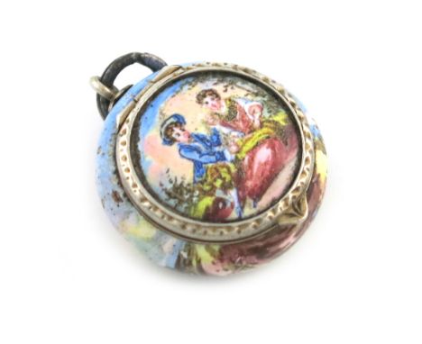 An Austrian silver-gilt and enamel vinaigrette, circular form, decorated with ladies and gentlemen in landscape settings, the