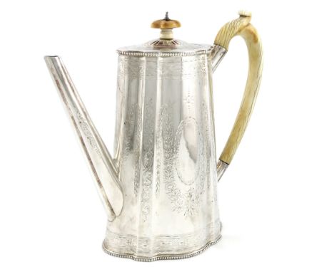 λA Victorian silver coffee pot, by Robert Harper, London 1868, shaped tapering oval form, engraved decoration, beaded borders