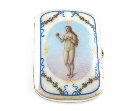 An Austrian silver and enamel cigarette box, maker's mark of F.B, circa 1914, rounded rectangular form, the front enamelled w