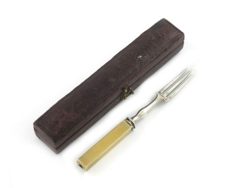 A Victorian novelty parcel-gilt silver pencil, unmarked, modelled as a table fork, rectangular handle, three pronged tines, i