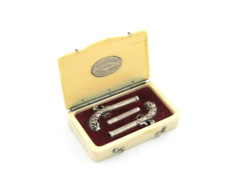 λAn early Victorian novelty silver pencil and toothpick set, by S. Mordan, engraved July 6, 1840. modelled as pistols, the bu