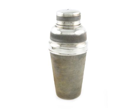 A silver cocktail shaker, by E. Viner, Sheffield 1933, tapering circular form, engine-turned decoration, pull-off cover, heig