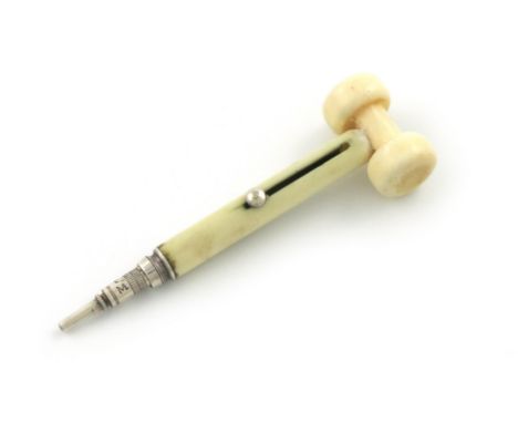 λA Victorian novelty silver and ivory pencil, by S. Mordan and Co. modelled as a gavel, with a turned ivory head and body, le