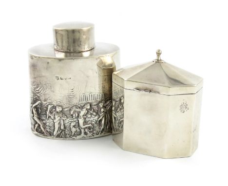 An Edwardian silver tea caddy, by Nathan and Hayes, Chester 1901, oval form, pull-off cover, the base with a frieze of classi