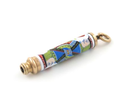 A Victorian novelty gold and enamel pencil, by Thornhill, also marked 1761, cylindrical form, enamelled with the Jack of Hear