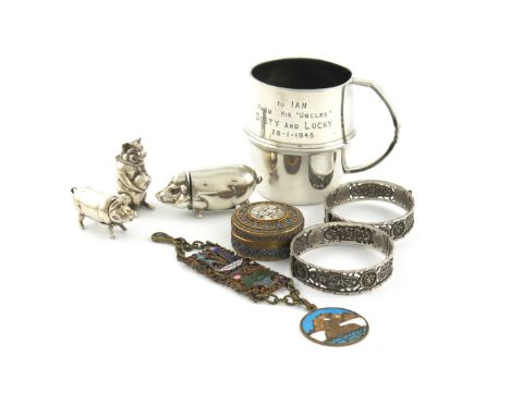 A mixed lot, comprising silver items: an Indian mug, maker's mark WB, tapering circular form, scroll handle, plus two Chinese