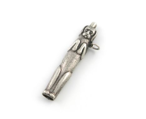 A novelty silver pencil, unmarked, modelled as a begging dog, with a drop-down pencil, with a ring attachment, height closed 