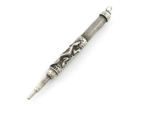 An American novelty silver pencil, by Aiken, Lambert and Co., New York, cylindrical form, in the Aesthetic manner, with a fro
