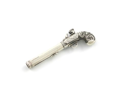An early-Victorian novelty silver pencil, by S. Mordan, engraved July 6, 1840. modelled as a pistol, the butt with feather sc