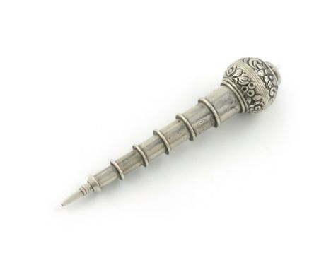 A Victorian novelty silver plumb-bob pencil, by S. Mordan and Co,  marked no. 579, and W.T for Walter Thornhill and a design 