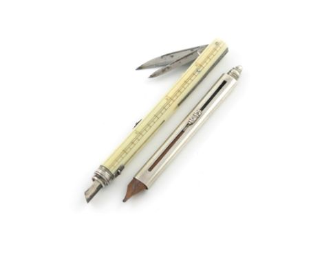 λA Victorian silver-mounted ivory combination pencil, by S. Mordan and Co., with a pen, pencil, and penknife with two blades,