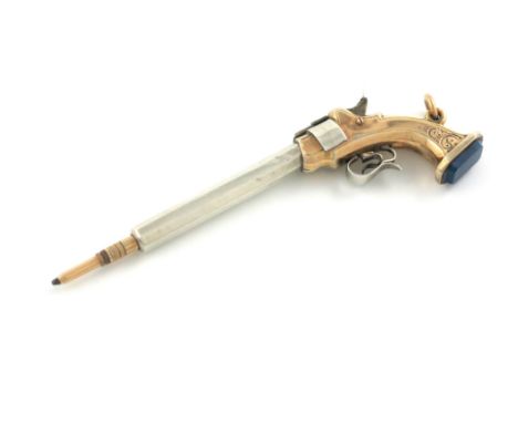 A 19th century novelty gold and silver pencil, unmarked, probably American, modelled as a revolver, the sprung pencil activat