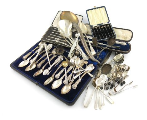 A mixed lot of silver flatware, various dates and makers, comprising: a pair of nut crackers, by Hukin and Heath, Birmingham 