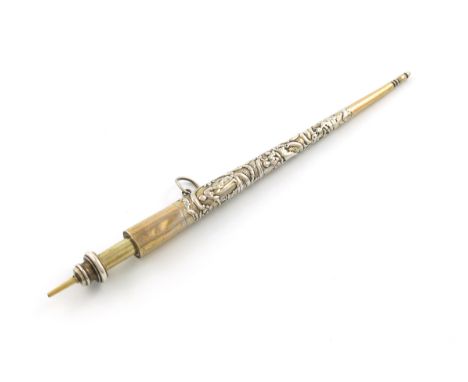 A Victorian novelty silver-gilt pencil, by S. Mordan and Co., converted from an 18th century Dutch silver needle case, emboss