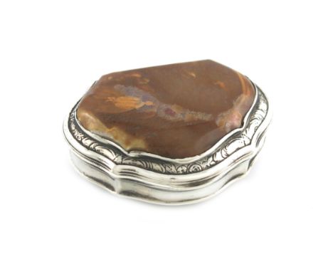 A George II silver and agate snuff box, maker's mark twice for Robert Cox, London circa 1750, cartouche form, the hinged cove