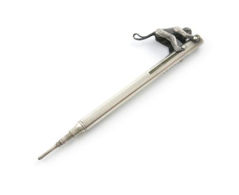 A rare Victorian novelty silver pencil, by S. Mordan and Co, plain cylindrical form, mounted with a sliding reticulated monke
