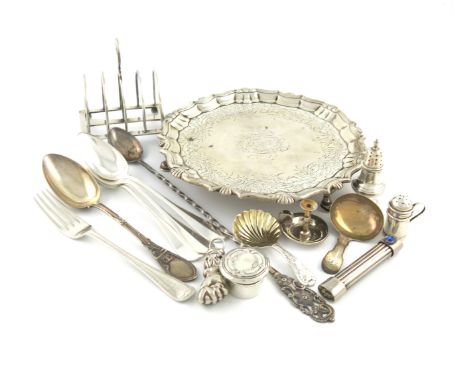 A mixed lot of silver items, comprising: a George II waiter, by Robert Abercromby, London 1743, circular form, shell and scro