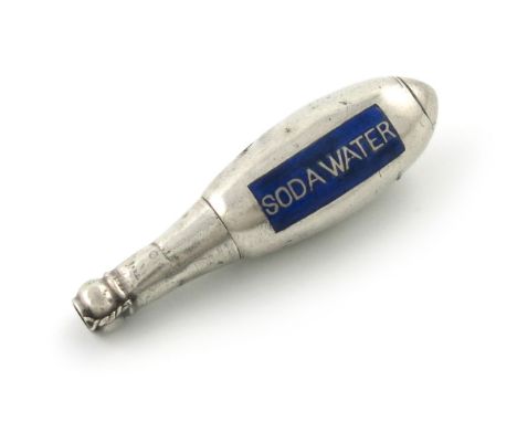 A Victorian novelty silver and enamel pencil, unmarked, modelled as a soda water bottle, with an enamelled label Soda Water, 