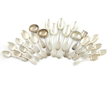 A mixed lot of antique silver Fiddle pattern flatware, various dates and makers, comprising: five tablespoons, three sauce la