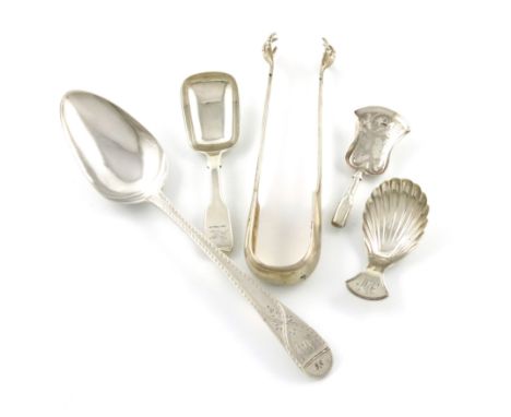 A small mixed lot of silver flatware, comprising: a George III fluted caddy spoon, by Elizabeth Morley, London 1805, two furt