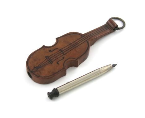 A novelty wooden pencil, unmarked, modelled as a violin, with a ring attachment, length 6.3cm. Provenance: The KB Collection 
