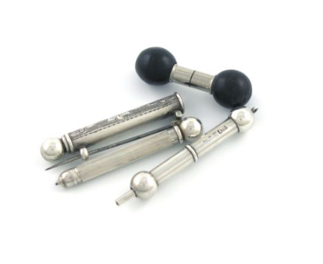 A Victorian silver brooch pencil, by S. Mordan and Co, dumbbell form, engraved decoration, pull-out pencil, length 5.4cm, plu