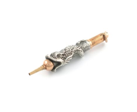 An American silver and gold novelty pencil, by W.S. Hicks, New York, modelled as a mythical fish, textured decoration, with a