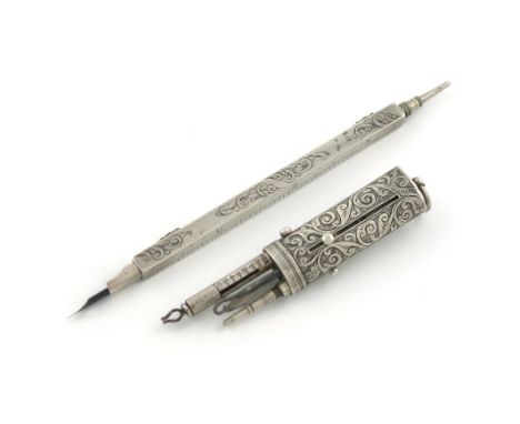 A Victorian combination pencil, marked Rd 105707, comprising: a pencil, a toothpick, a button hook and weighing scales, the s