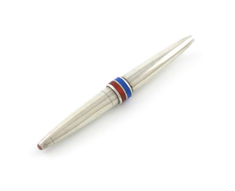 A silver and enamel two-colour pencil, by Mordan and Co., London marks, date letter worn, tapering form, with a red and blue 