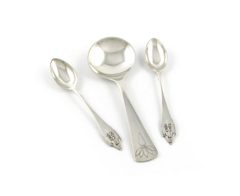 A small collection of Georg Jensen silver flatware, comprising a pair of pattern #77 teaspoons, with import marks for London 