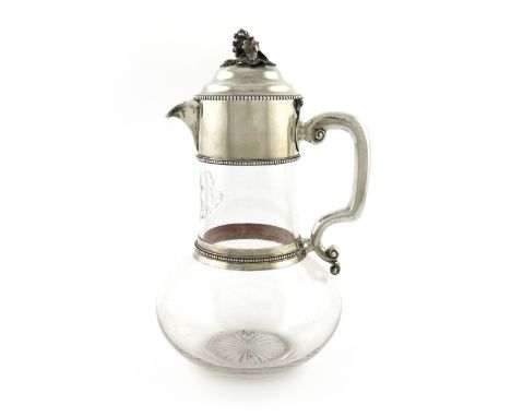 A Victorian silver-mounted glass claret jug, by John Figg, London 1855, circular bellied clear glass body, the plain mounts w