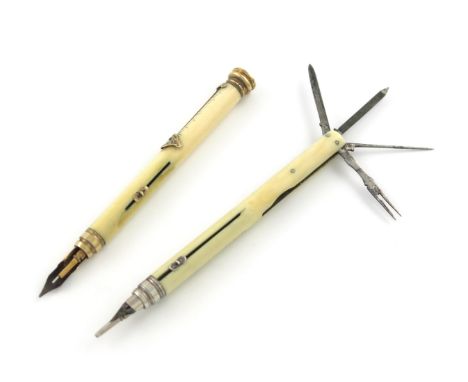 λA Victorian gold-mounted ivory combination pencil, by S. Mordan and Co. cylindrical form, with a pen, pencil, thermometer an
