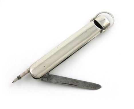 A silver combination pencil, whistle and penknife, unmarked, tapering oblong form, with a ring attachment, length 6.8cm. Prov