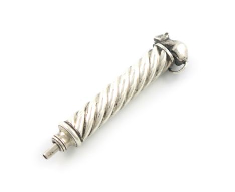 A novelty silver pencil, unmarked, spiral cylindrical form, with a mouse terminal, length open 14.3cm. Provenance: The KB Col