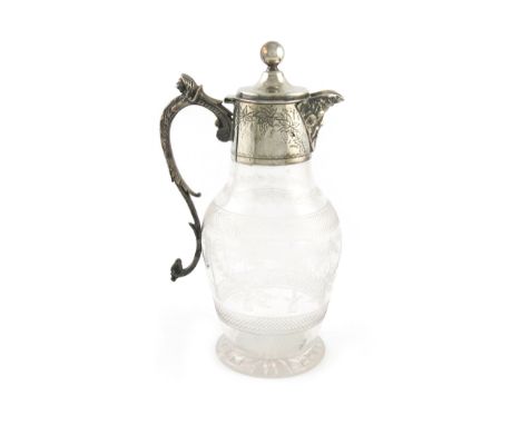 A Victorian electroplated mounted claret jug, baluster form, leaf capped scroll handle, engraved decoration, Bacchus mask spo