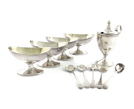 A George III silver mustard pot and  two pairs of George III salt cellars, the mustard pot by Abraham Peterson, London 1792, 