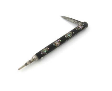 A Victorian inlaid wooden pencil and pen knife, unmarked, cylindrical form, inlaid with mother-of-pearl and wire-work foliate