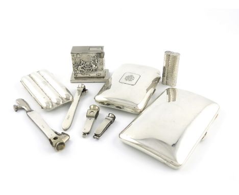 A mixed lot of silver items, various dates and makers, comprising: a cigar case modelled to fit three cigars, plus two plain 
