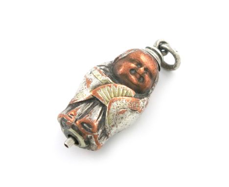 A Victorian novelty copper and mixed metal figural pencil, unmarked, modelled as a Japanese man, holding a fan, with a ring a