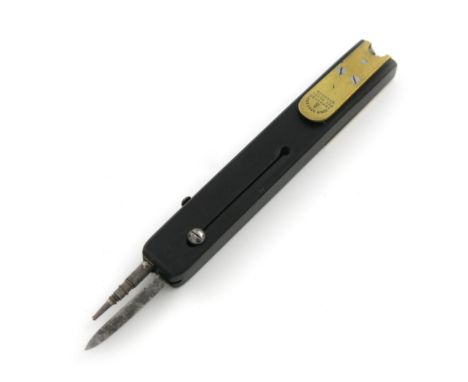 A Victorian brass mounted ebony pencil, penknife and quill cutter, by John Sellers, rectangular form, marked 'John Sellers im