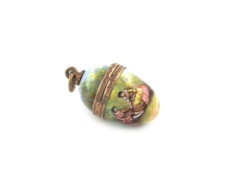 An Austrian gold and enamel vinaigrette, egg form, decorated with a courting couple in a landscape setting, the interior with