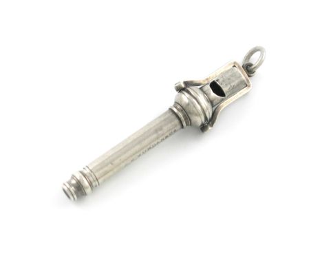 A Victorian silver whistle and pencil, by S. Mordan and Co. tapering cylindrical form, with a large ring attachment, length c