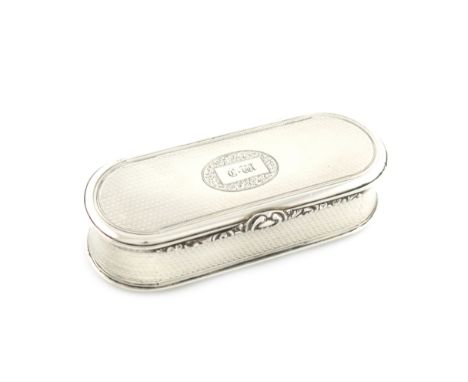 A George IV silver snuff box, by John Jones, London 1825, rounded rectangular form, engine-turned decoration, the cover initi