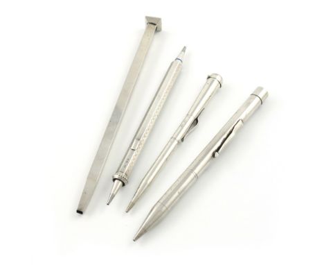 A small collection of four silver pencils, comprising: an unmarked stockbrokers pencil, modelled as a square barrelled nail, 