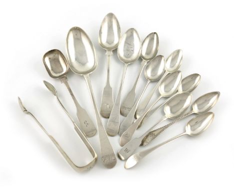 A mixed lot of Scottish provincial silver flatware, comprising: a provincial Old English pattern tablespoon, by Nathaniel Gil